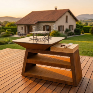 Refuge - Brasero plancha carré ∅ 100 cm table corten avec structure trapèze