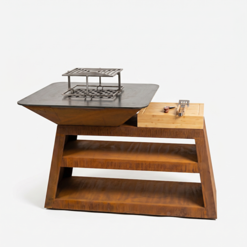 Brasero plancha carré ∅ 100 cm table en acier corten - Structure trapèze