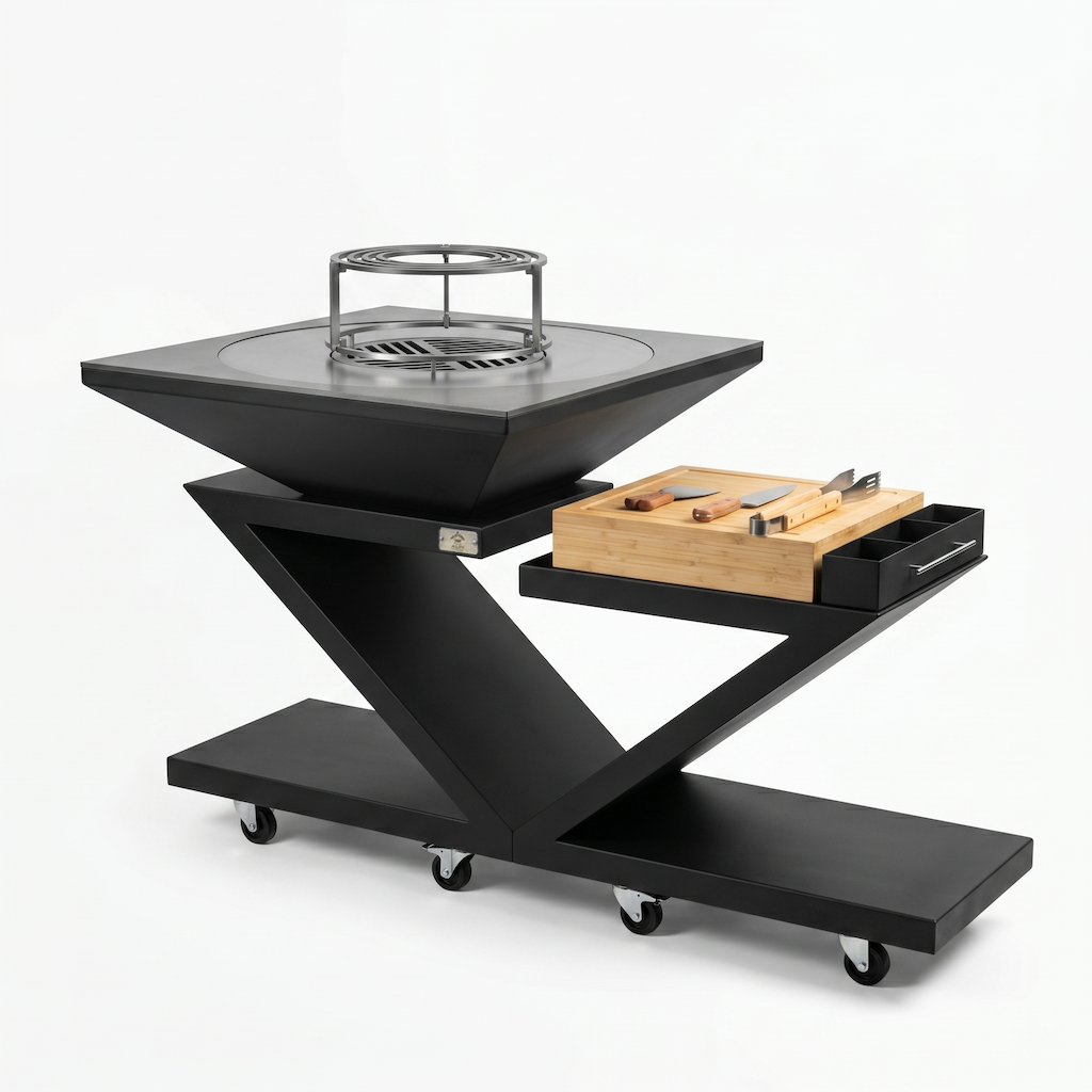 Brasero plancha carré ∅ 90 cm en acier noir - Structure en V